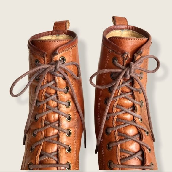 Frye Veronica Combat Cognac Leather Lace Up Boots - Picture 11 of 15